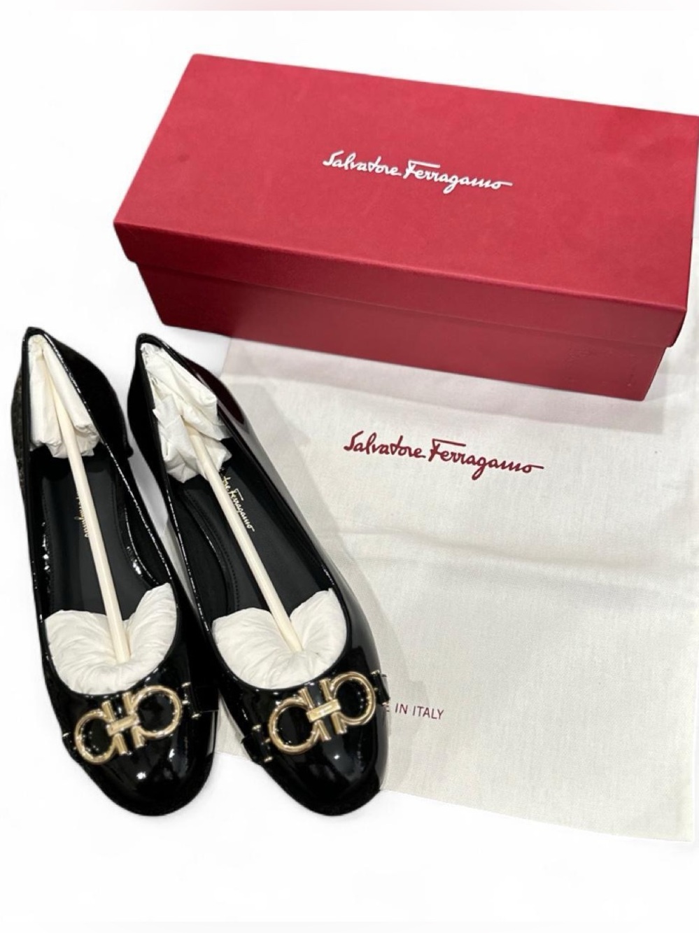 NWT Salvatore Ferragamo Garda Patent Leather Gancini Flats Black Size 9 - Picture 8 of 8